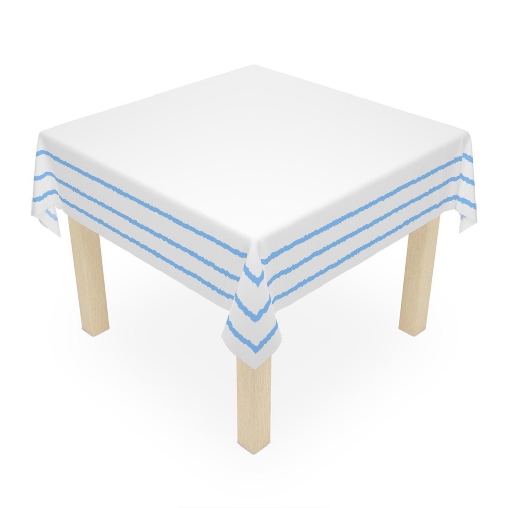 Table Cloth white with light blue frame 55 inches x 55 inches NWOT